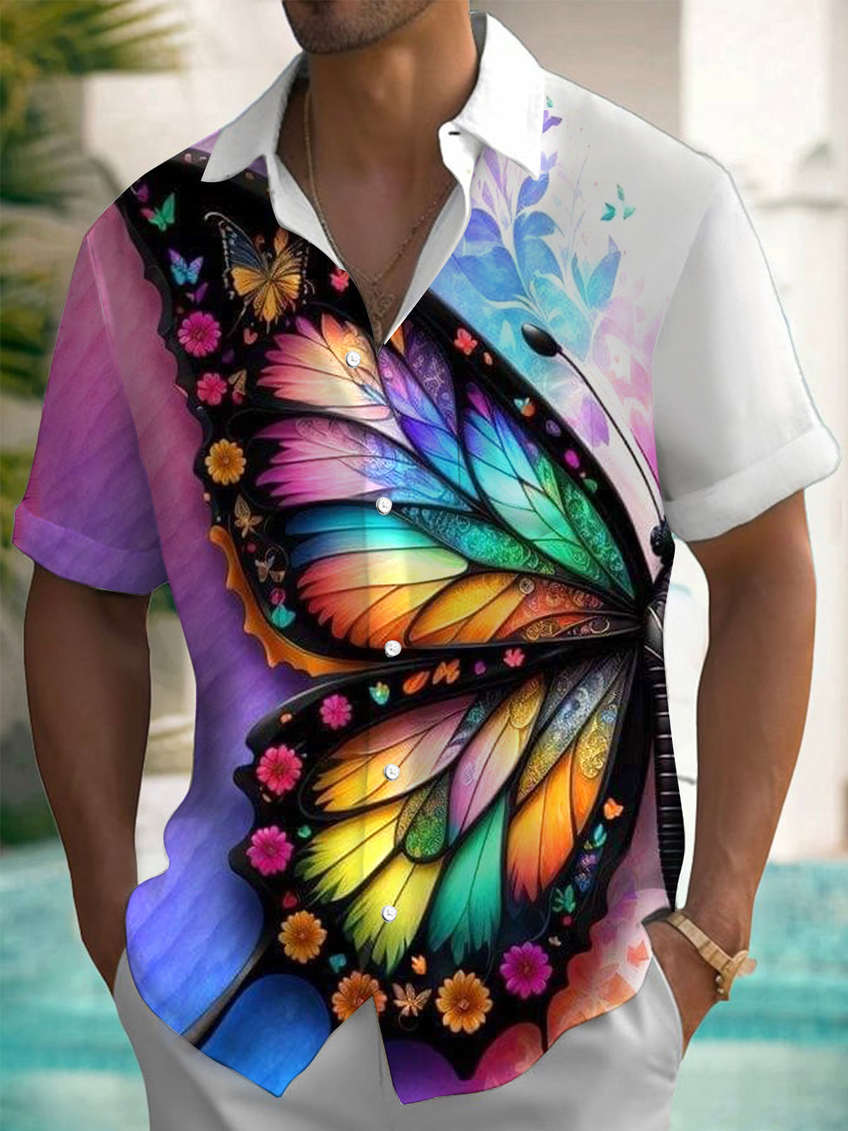 Butterfly Print Short Sleeve Men's Shirts With Pocket