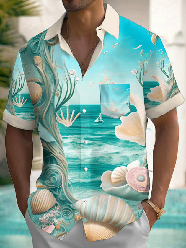 Men's shell print short sleeve shirt front view for beach vacation