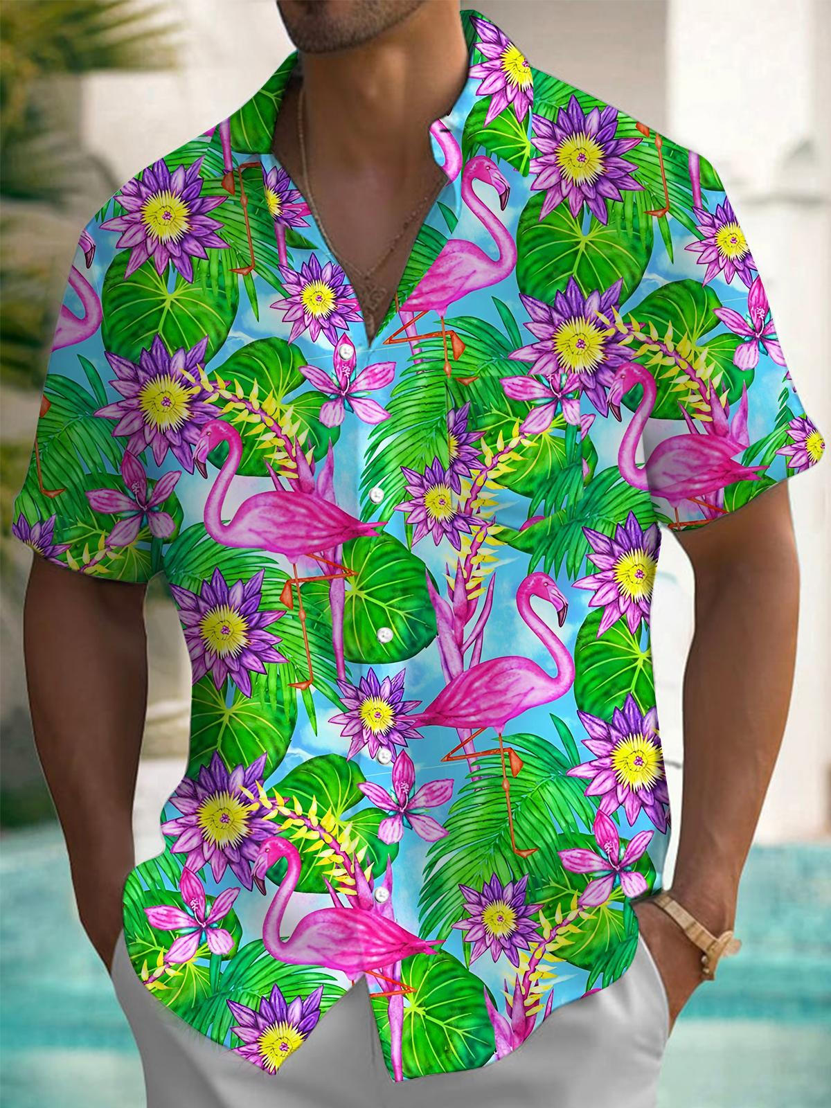 Hawaiian Flamingo Short Sleeve Men's Shirts With Pocket