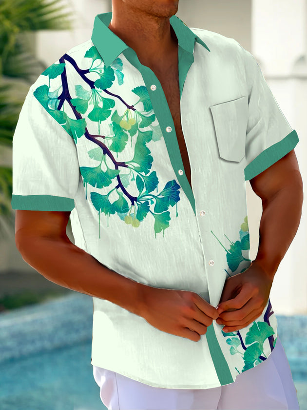 Men casual short sleeve Hawaiian retro print shirt front view tropical beach vacation