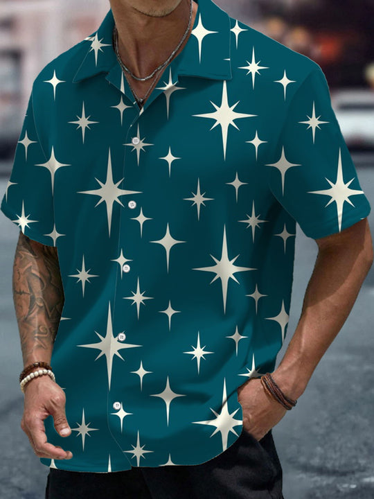 Men's 1950s atomic starbursts pattern short sleeve Cuban collar shirt front view
