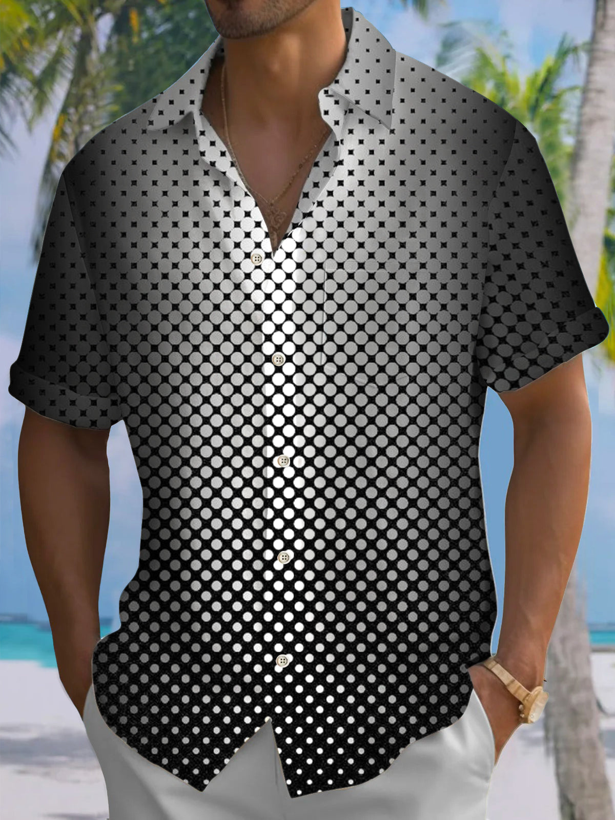 Polka Dot Gradient Print Short Sleeve Men's Shirts With Pocket