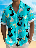 Hawaiian Geometric Cat Print Short Sleeve Men's Shirts With Pocket