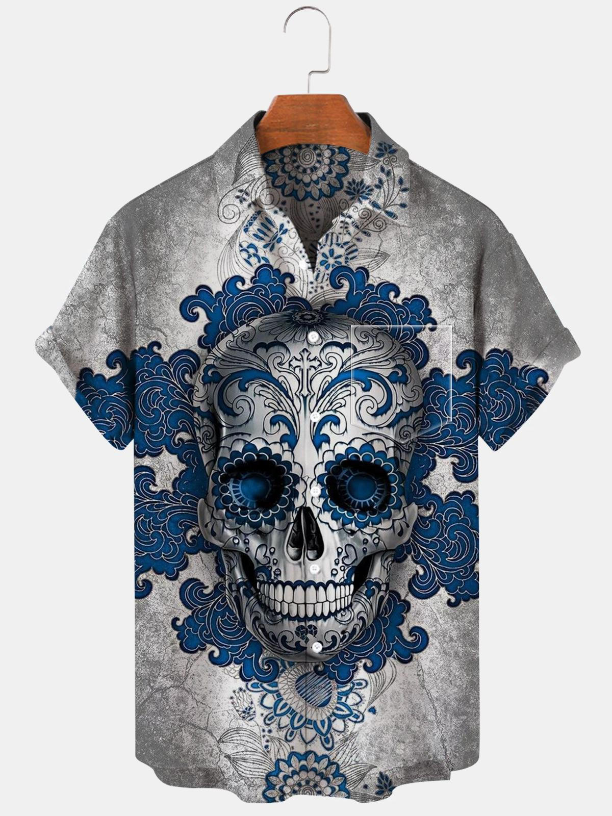 Skull Flower Short Sleeve Men's Shirts With Pocket