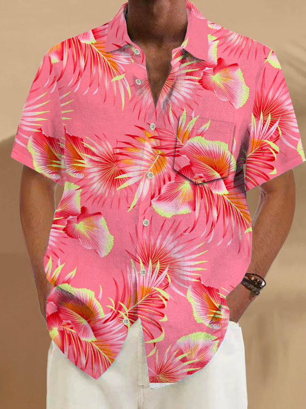 Men's casual retro Hawaiian short sleeve shirt front view for tropical beach vacation