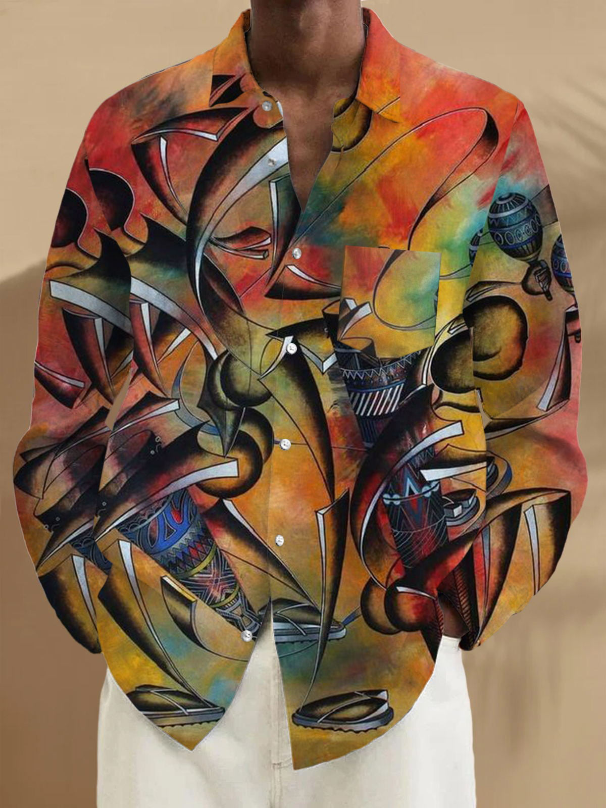 Abstract Art Print Long Sleeve Men's Shirts With Pocket