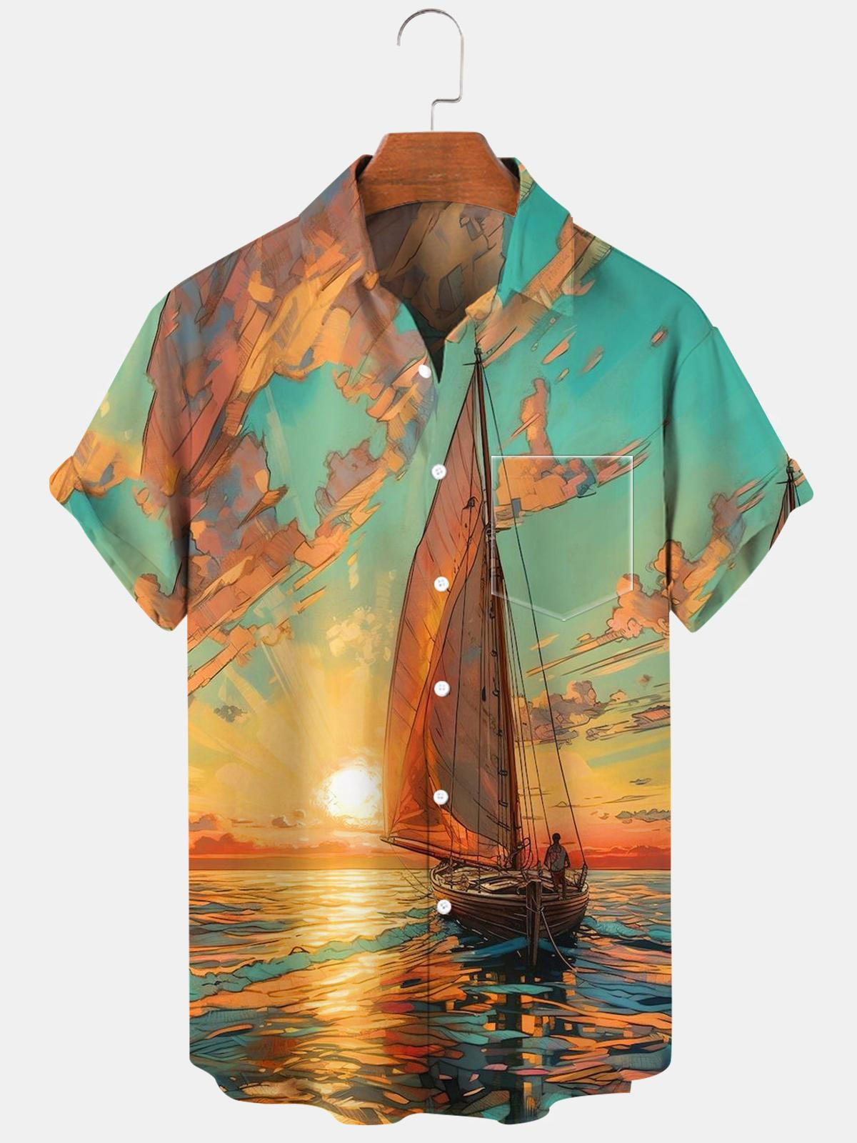 Sea Boat Sunset Men's Shirts With Pocket