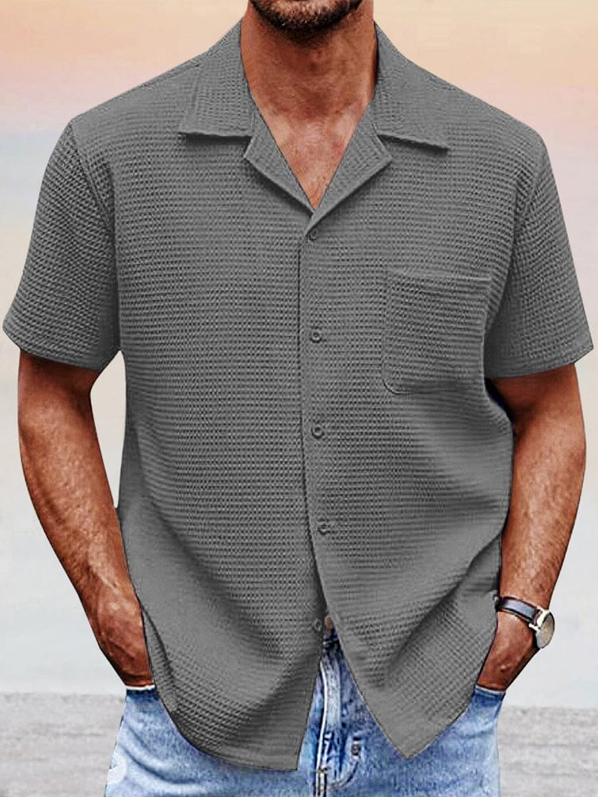 Men's Cuban Collar Short Sleeve Shirt With Pocket