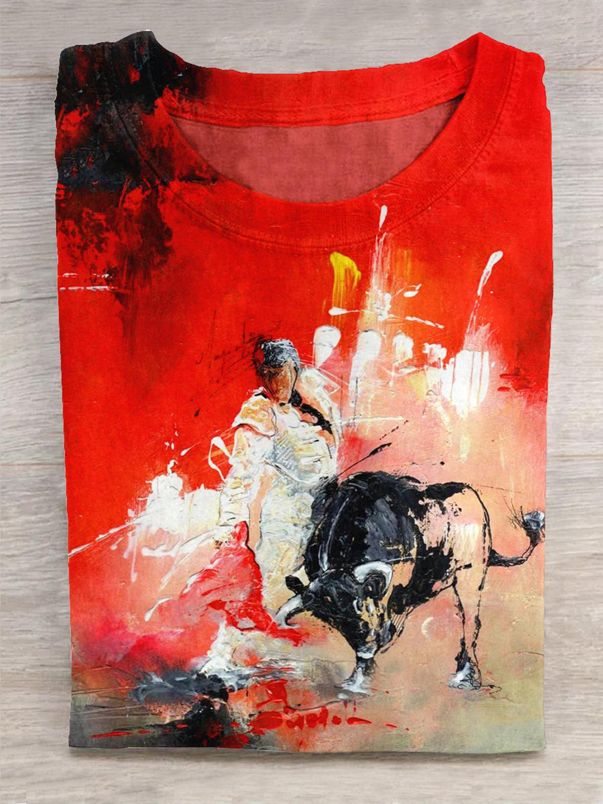 Bullfighting Abstract Art Print Round Neck Short Sleeve Men's T-shirt