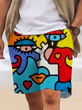 Abstract Face Print Men's Shorts With Pocket