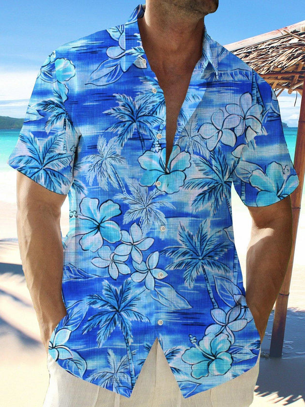 Men's blue floral short sleeve Hawaiian shirt front view for tropical beach vacation