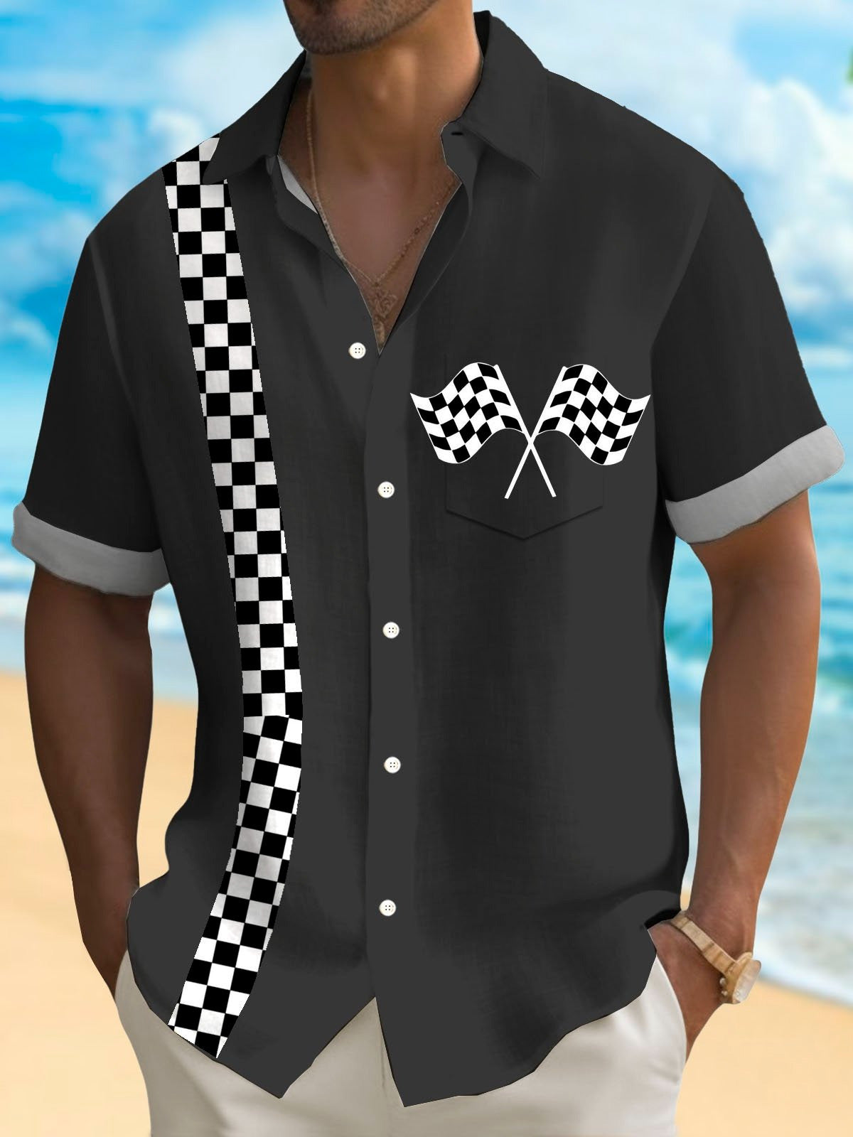 Checkerboard Print Short Sleeve Men's Shirts With Pocket