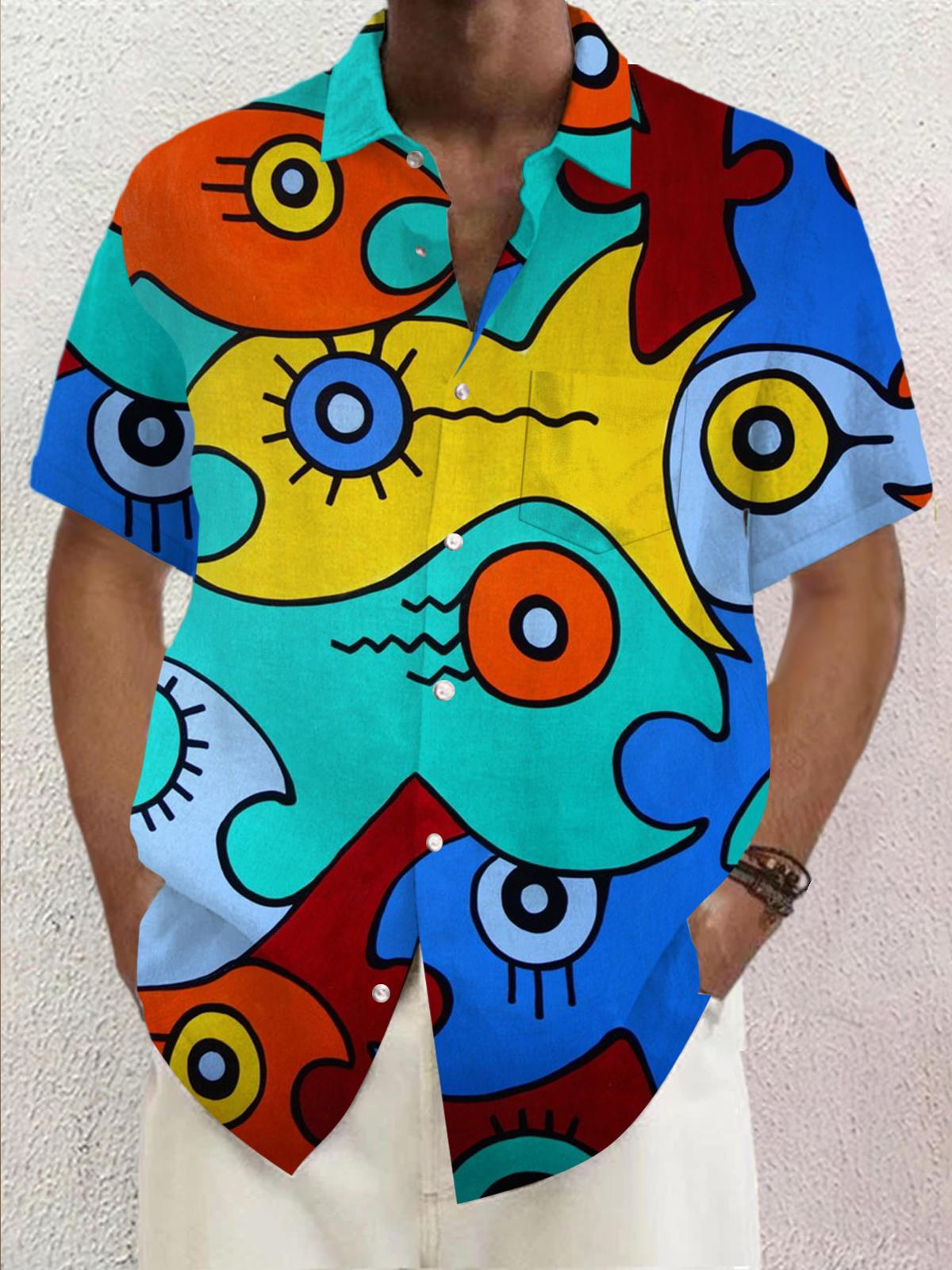 Abstract Geometric Fish Print Short Sleeve Men's Shirts With Pocket