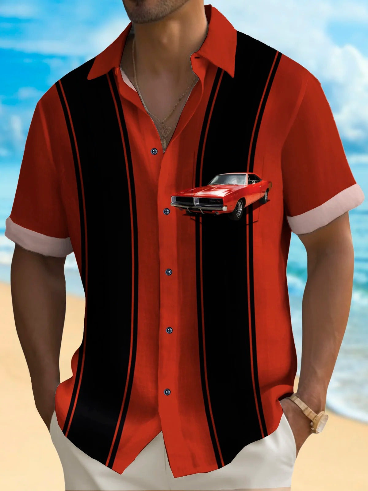 Retro Car Color Block Print Short Sleeve Men's Shirts With Pocket