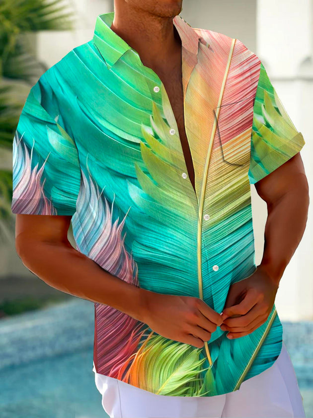 Men casual retro print short sleeve Hawaiian shirt front view for tropical beach vacation