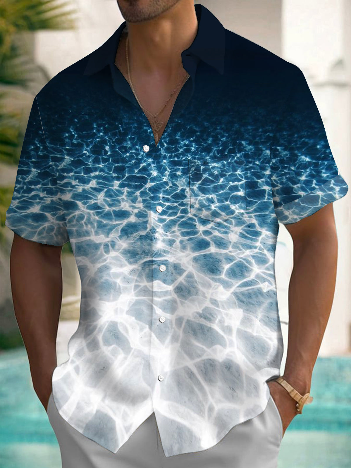 Hawaiian Water Ripple Short Sleeve Men's Shirts With Pocket