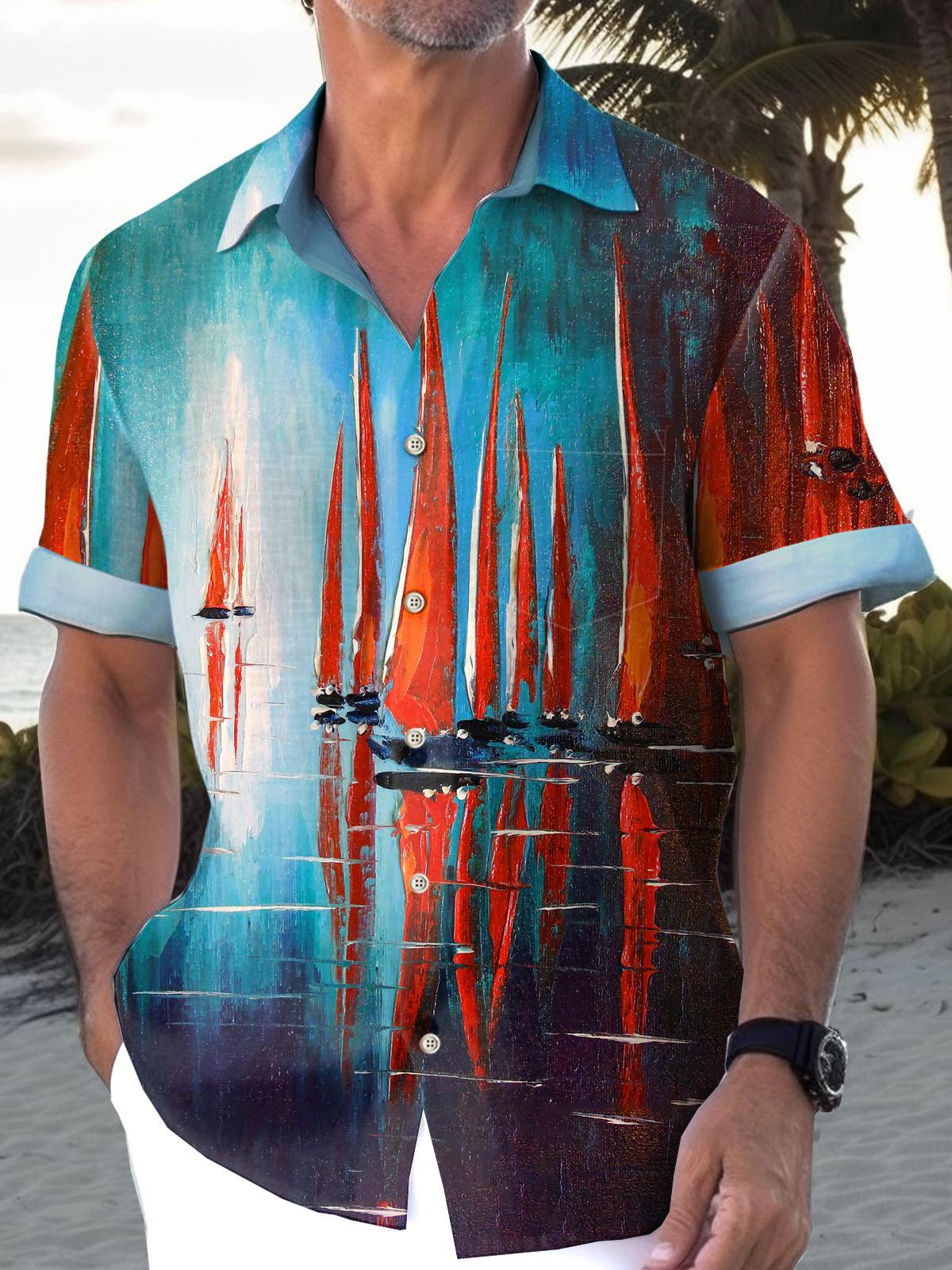 Oil Painting Sailing Color Men's Short Sleeve Lapel Shirt