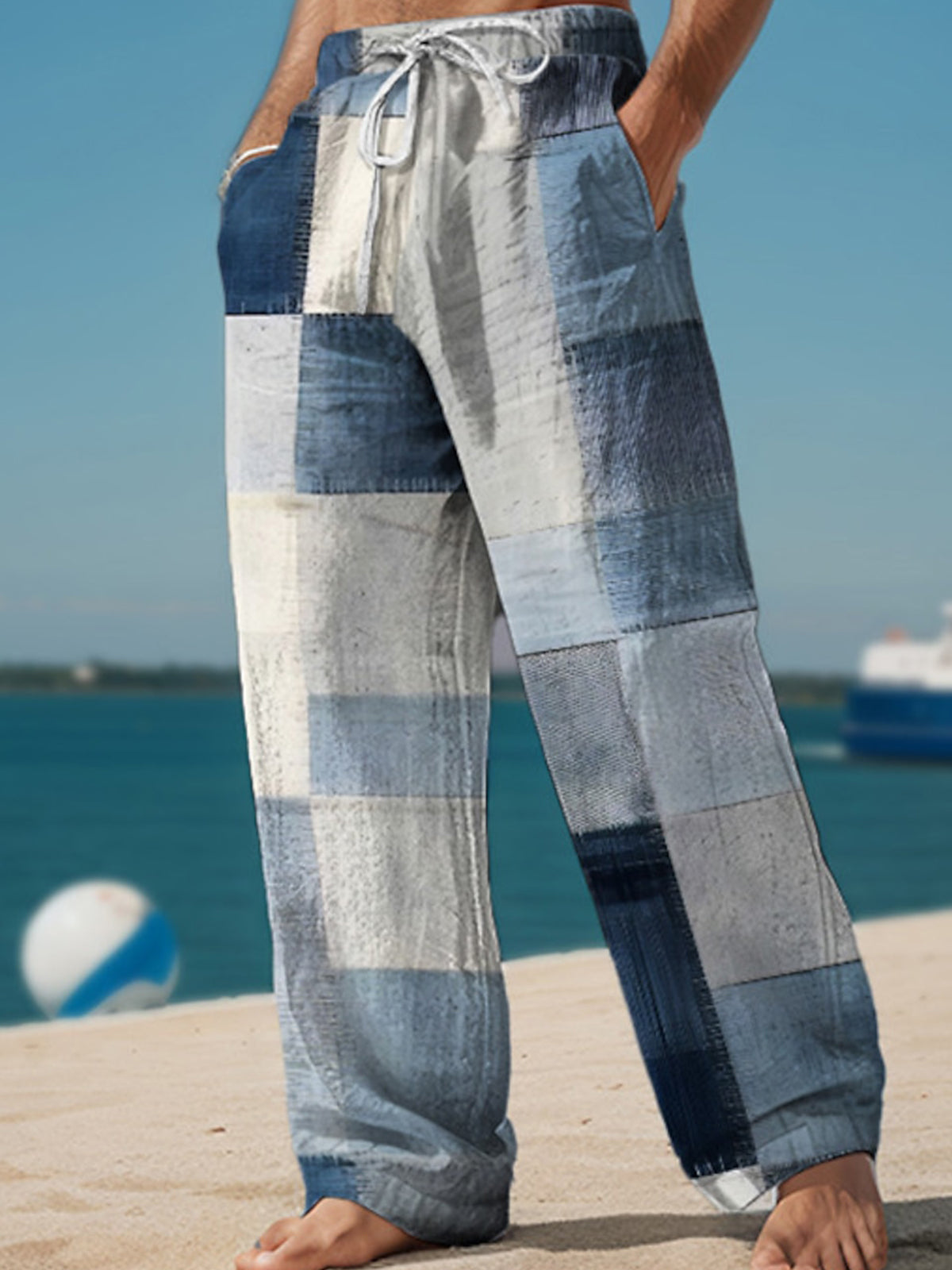 Geometry Plaid Stitching Men's Casual Elastic Waist Pants