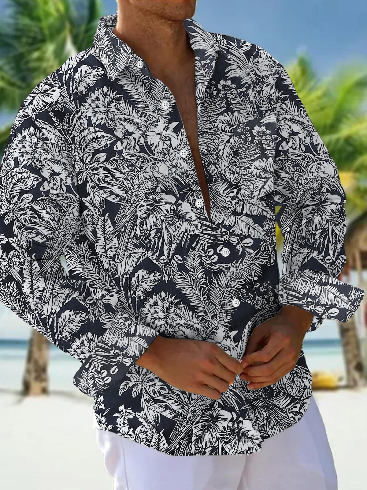 Botanical Floral Print Long Sleeve Men's Shirts With Pocket