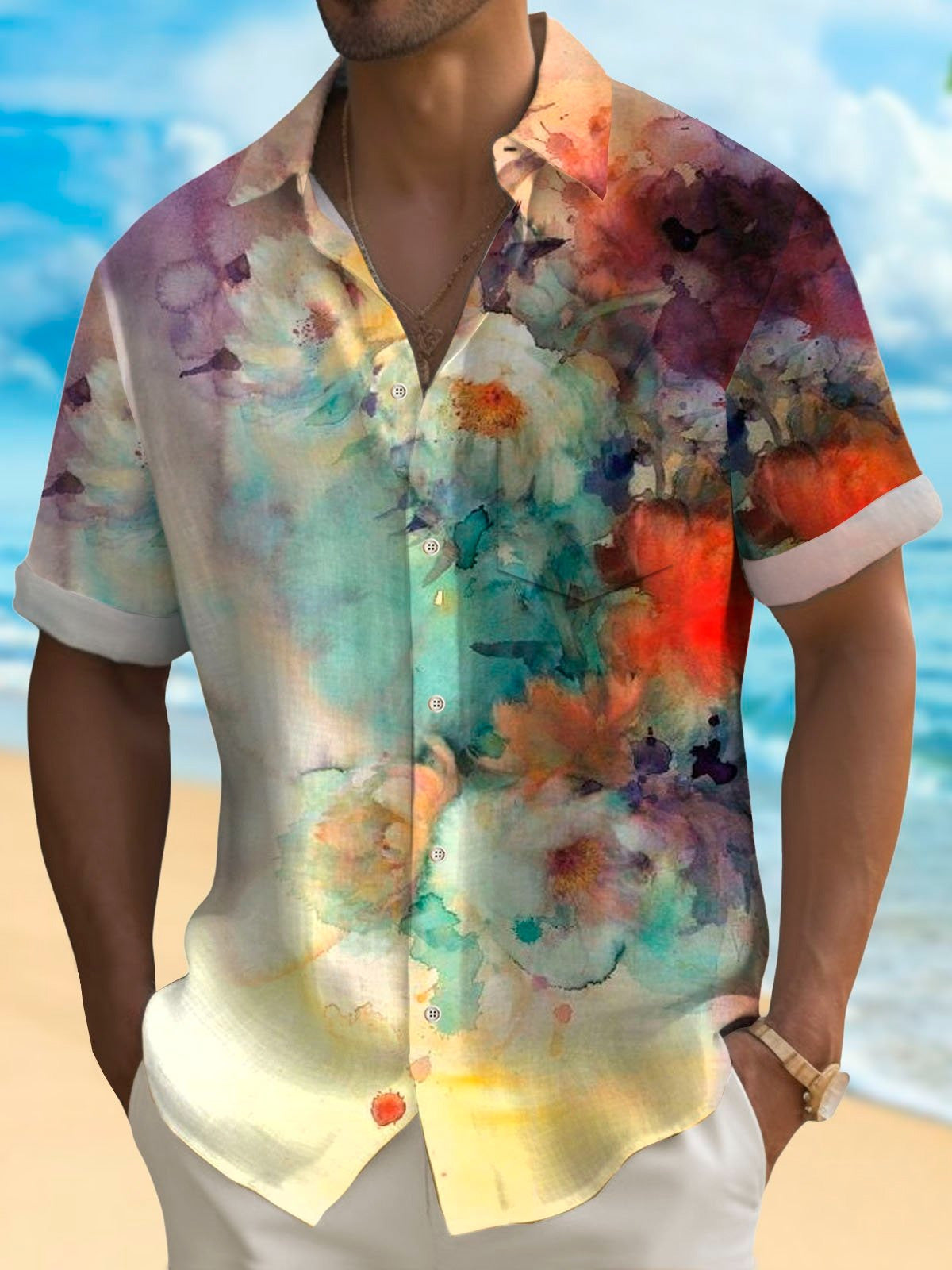 Abstract Floral Art Print Short Sleeve Men's Shirts With Pocket