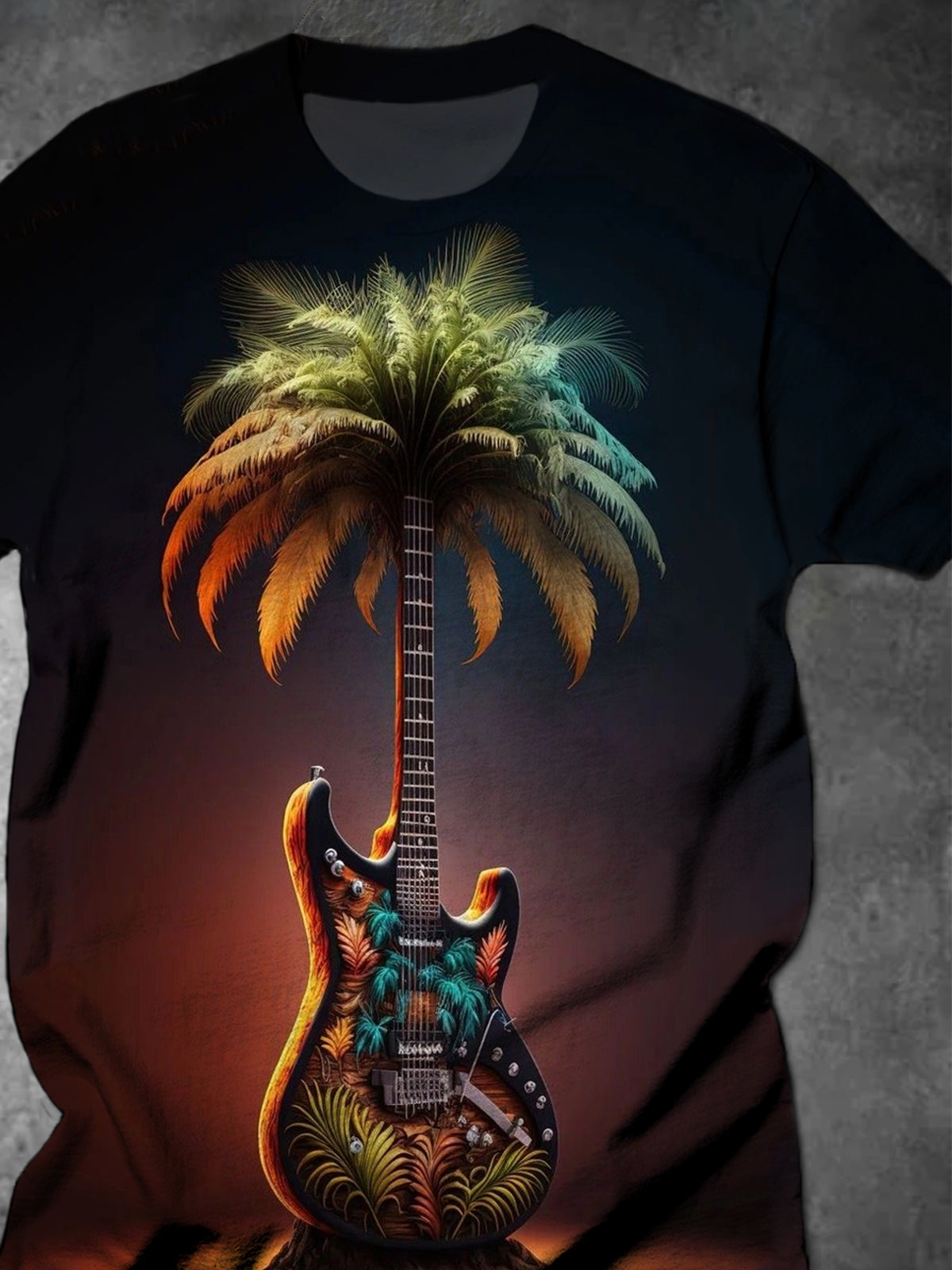 Guitar Coconut Tree Round Neck Short Sleeve Men's T-shirt