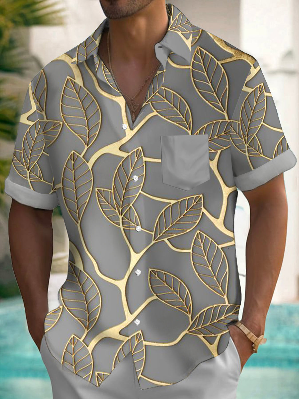 Elegant Contrasting Leaf Print Men's Short-Sleeved Lapel Shirt