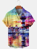 Lighthouse Ship Oil Painting Art Print Short Sleeve Men's Shirts With Pocket