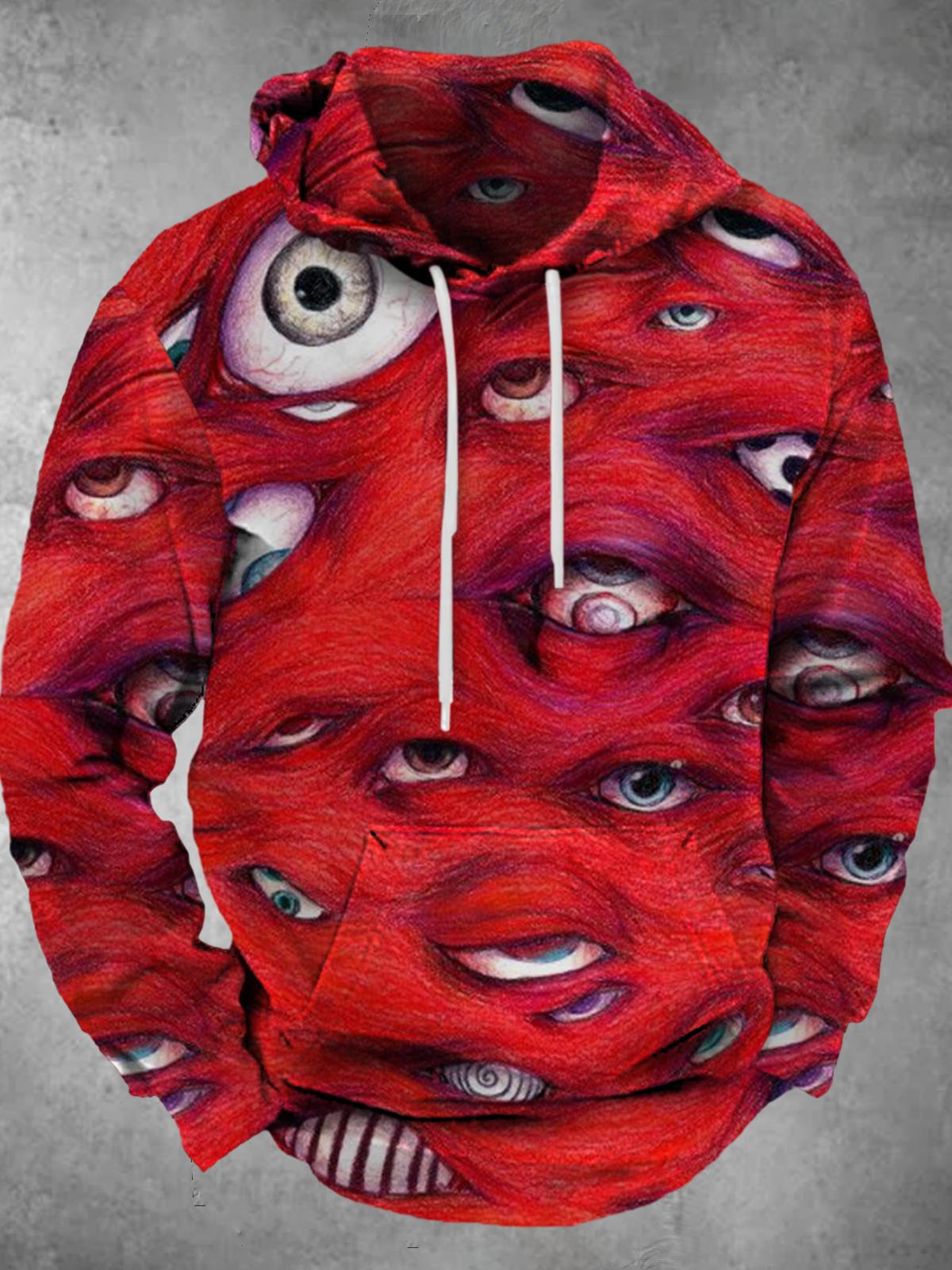 Eye Print Long Sleeve Hooded Pocket Men's Top