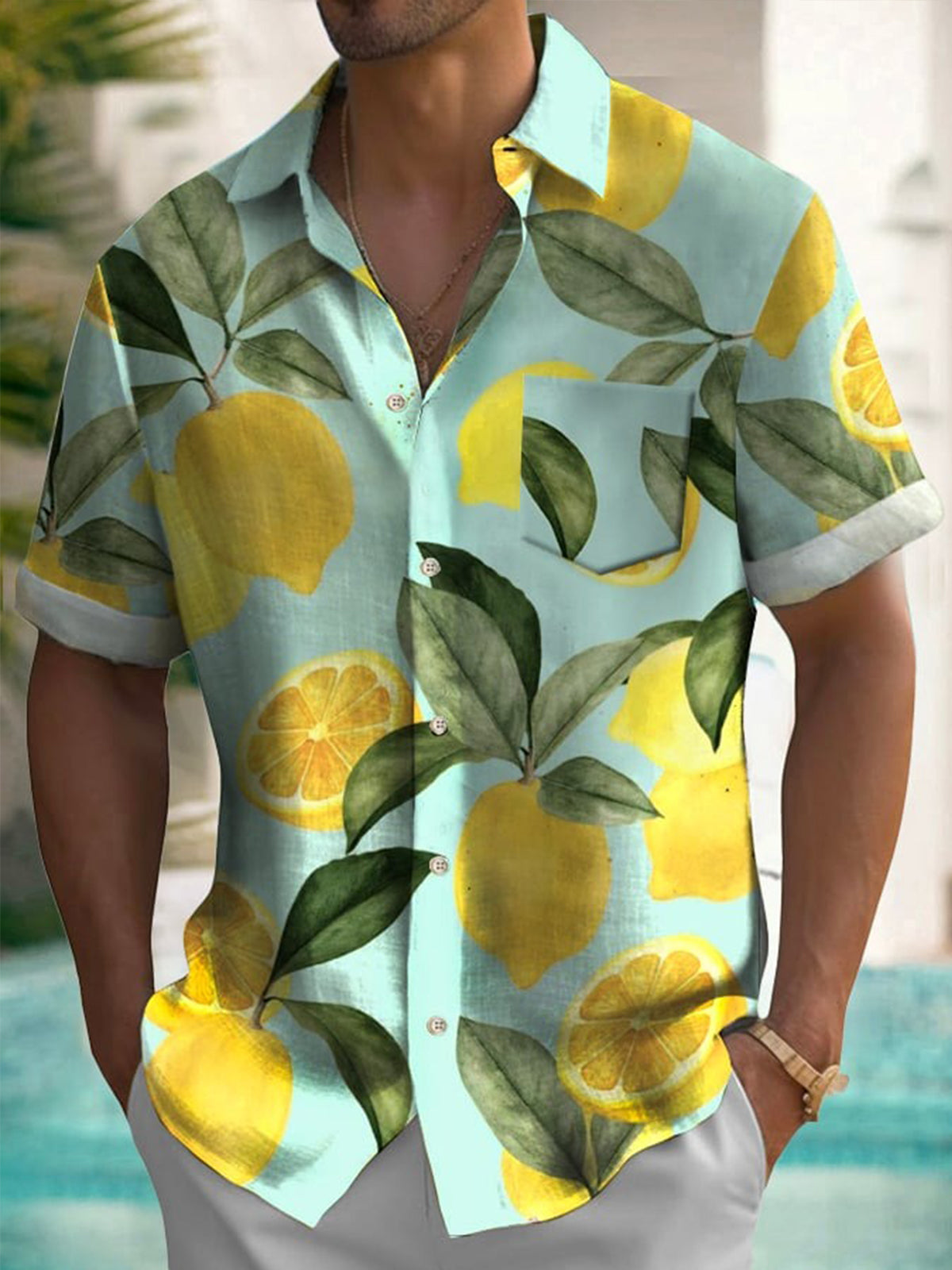 Hawaiian Lemon Print Short Sleeve Men's Shirts With Pocket