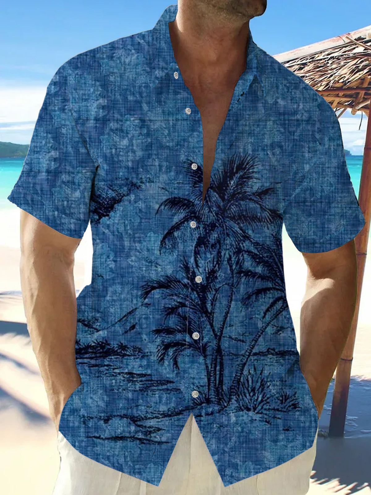 Hawaiian Coconut Tree Print Short Sleeve Men's Shirts With Pocket