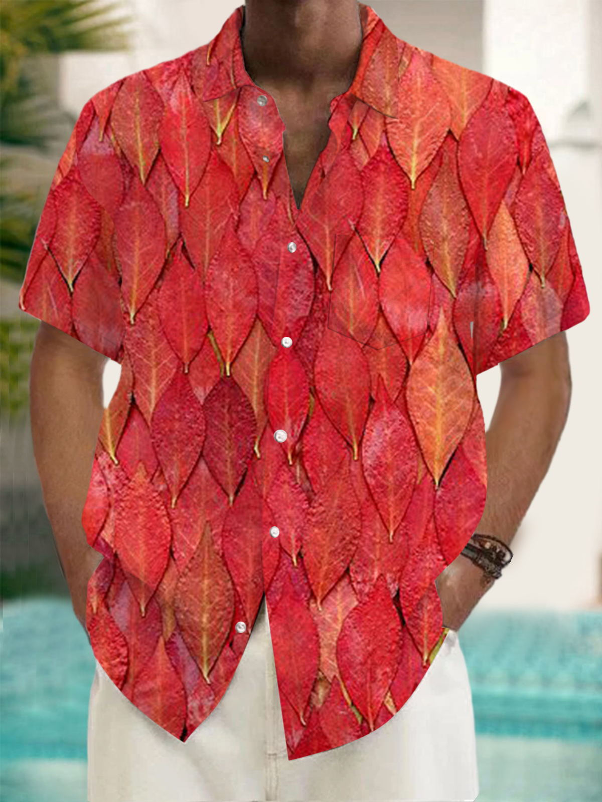 Leaf Print Short Sleeve Men's Shirts With Pocket