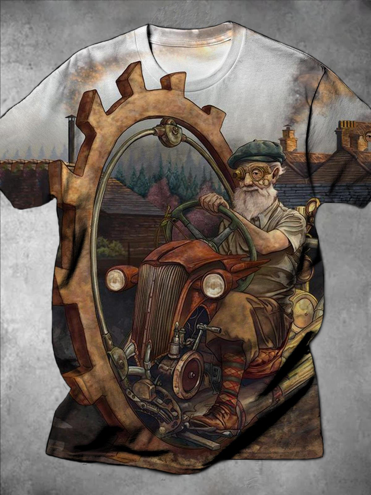 Vintage Mechanical Old Man Printed Round Neck Short Sleeve Men's T-Shirt