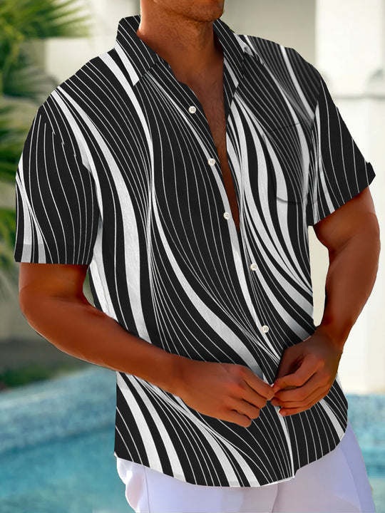 Men's retro Hawaiian short sleeve shirt with pocket front view for tropical beach vacation