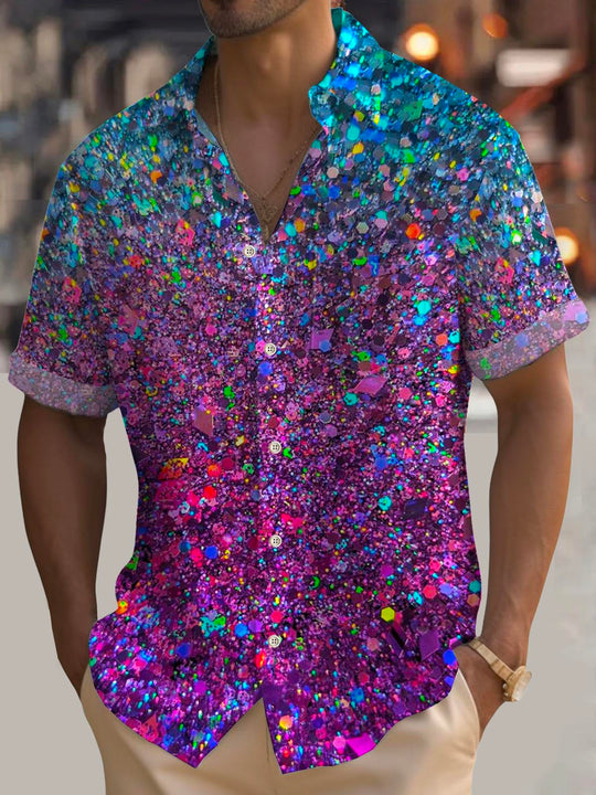 Men's casual retro Hawaiian short sleeve shirt with pocket front view for Mardi Gras festival