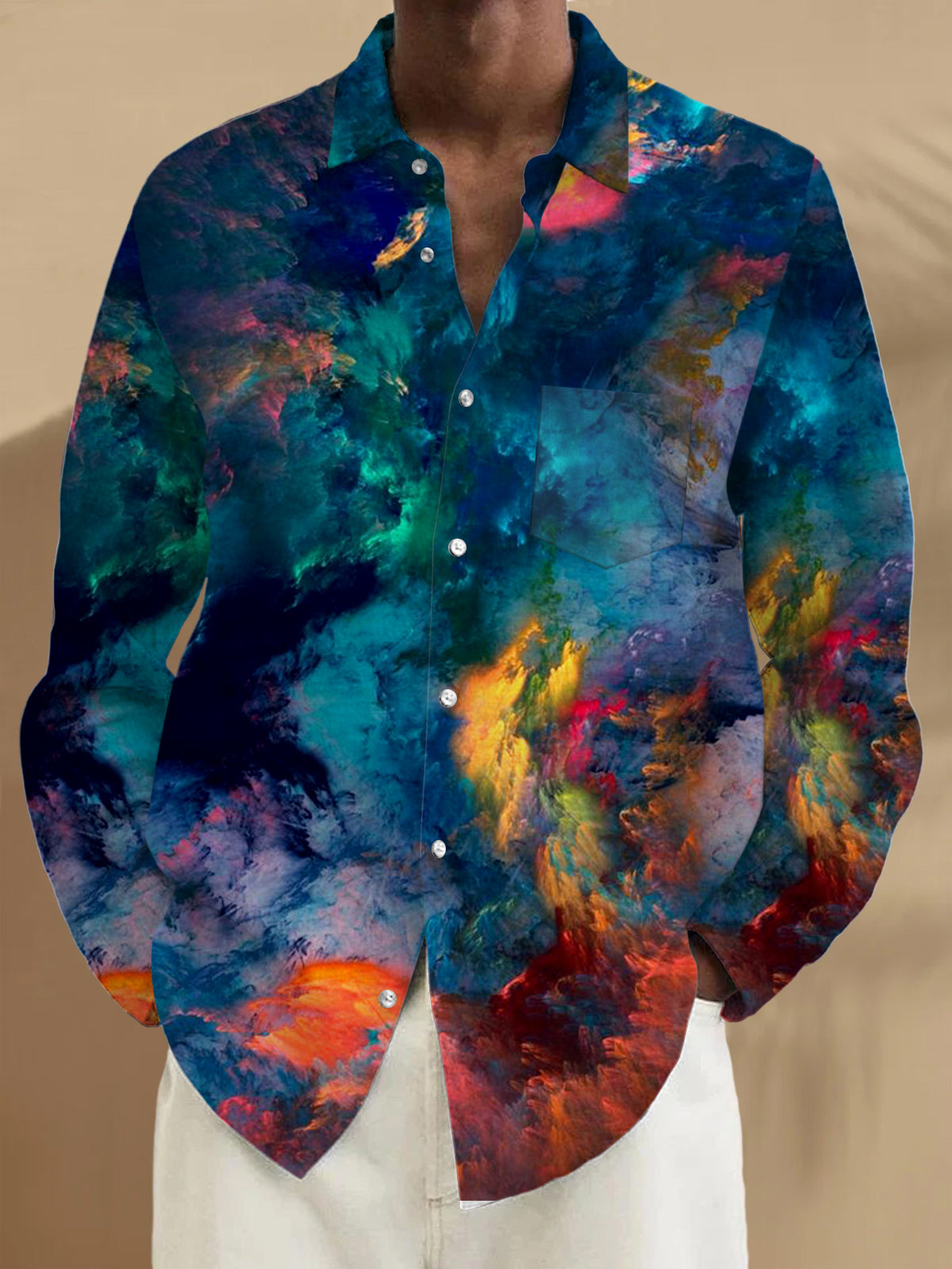 Abstract Print Long Sleeve Men's Shirts With Pocket