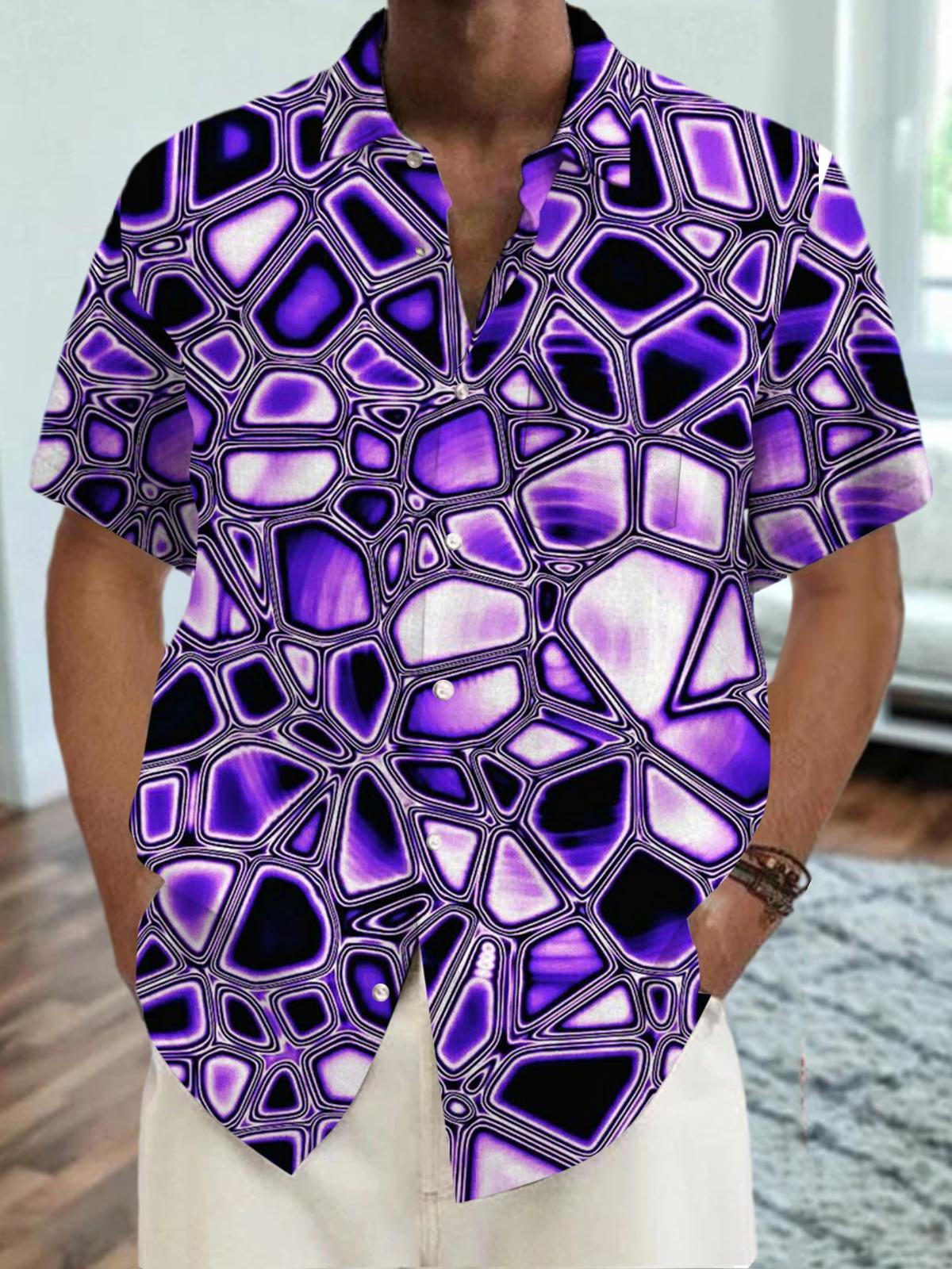 Geometric Print Short Sleeve Men's Shirts With Pocket