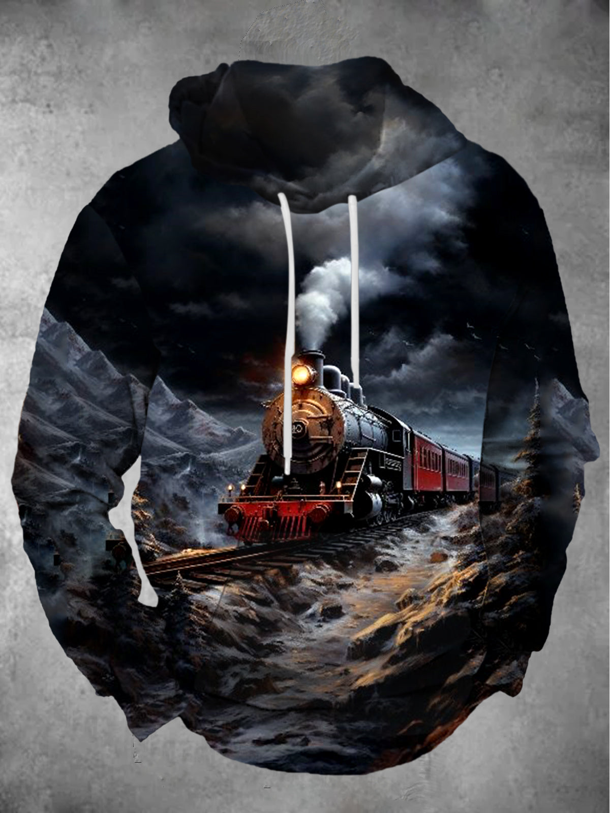 Train Print Long Sleeve Hooded Pocket Men's Top