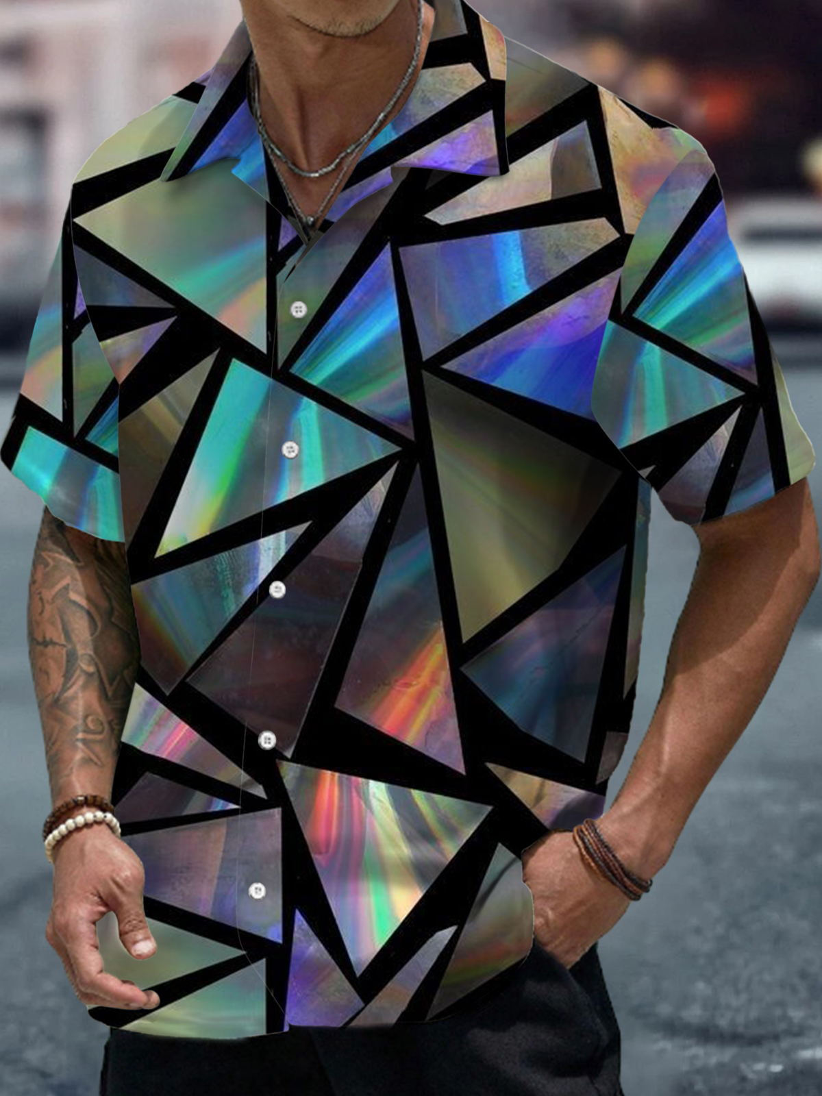 Geometric Print Cuban Collar Short Sleeve Shirt