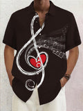 Music Note Heart Print Short Sleeve Men's Shirts With Pocket
