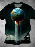 Universe Earth Print Round Neck Short Sleeve Men's T-shirt
