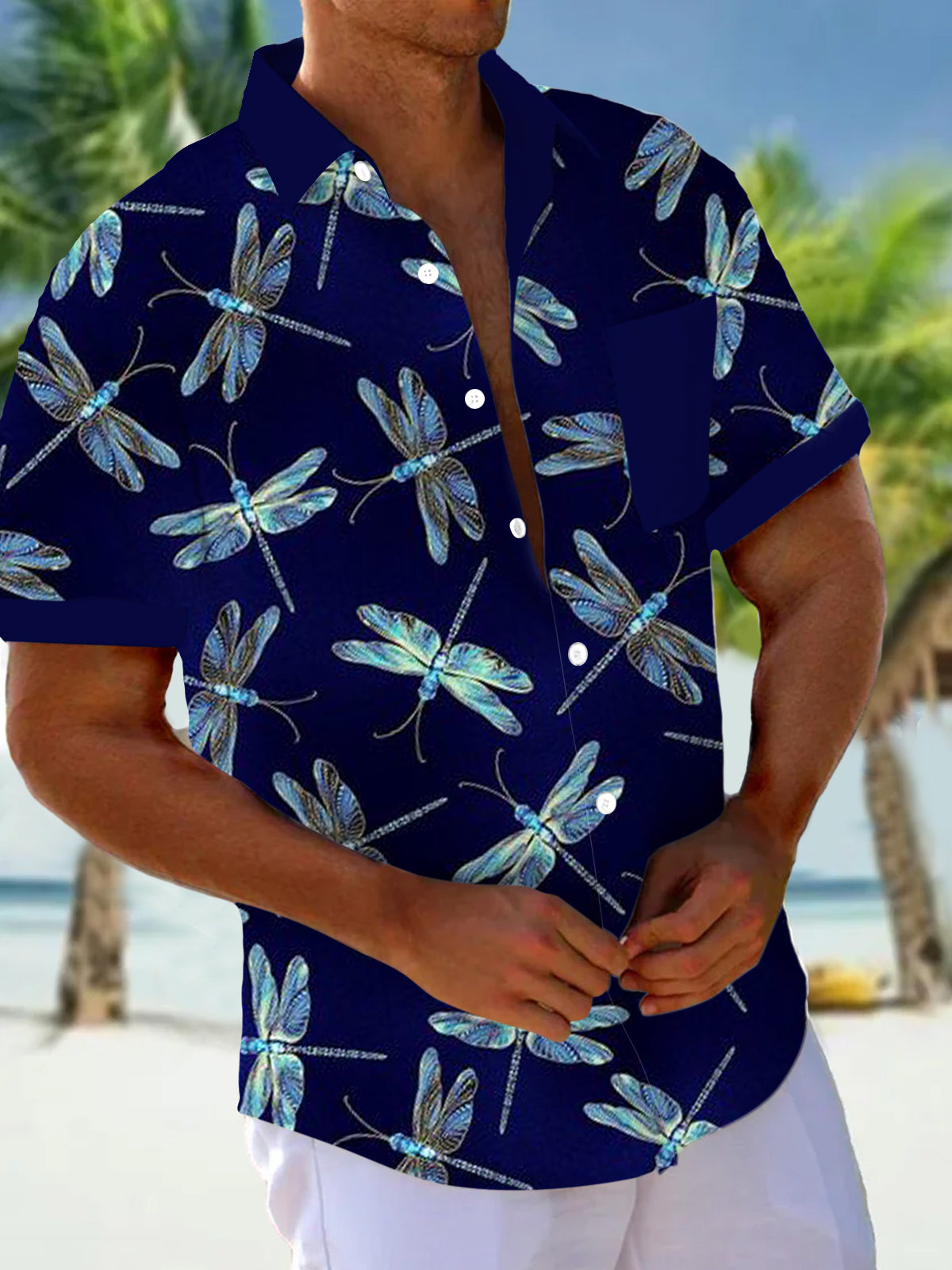 Dragonfly Print Short Sleeve Men's Shirts With Pocket