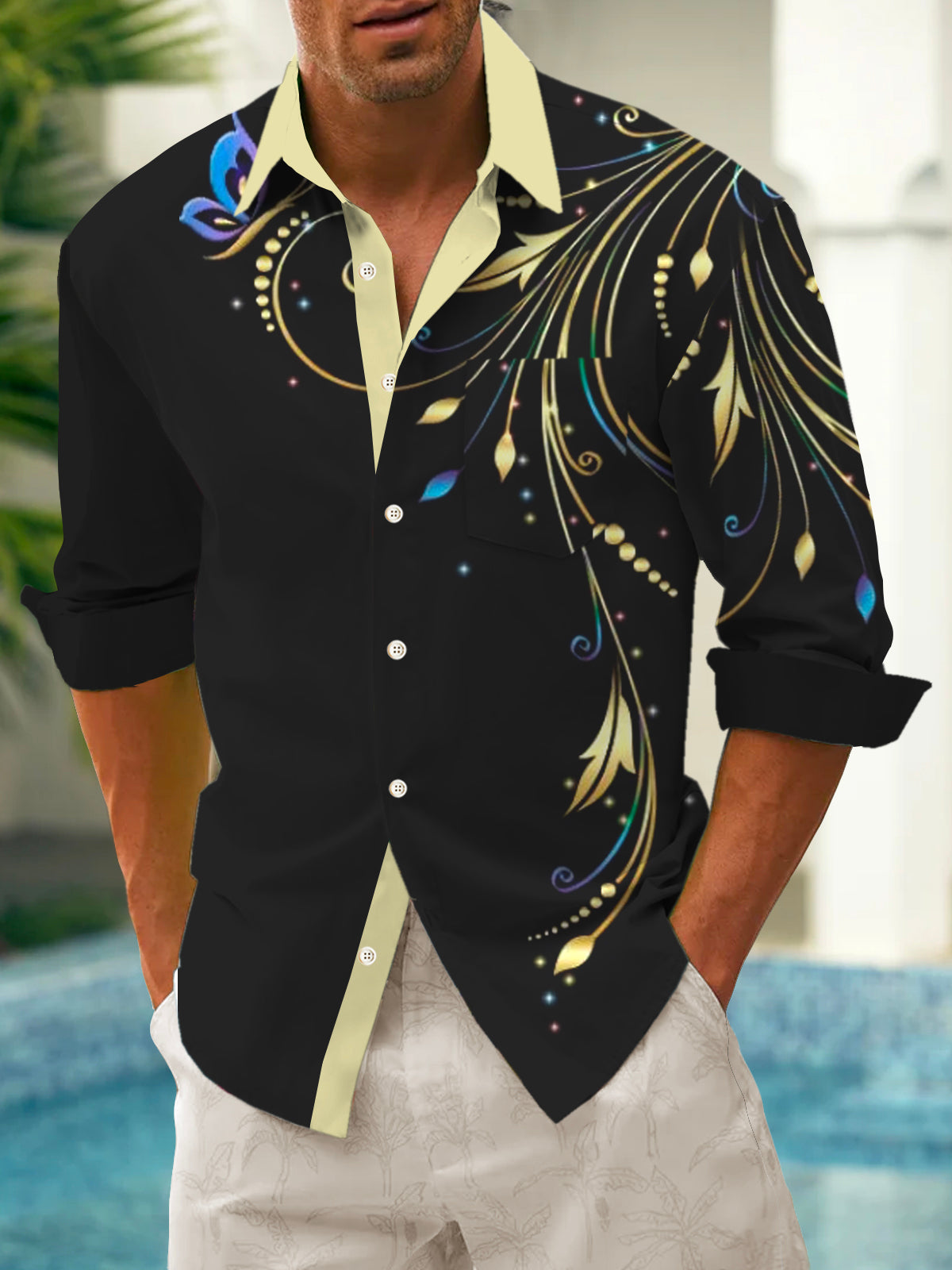 Art Hawaiian Casual Retro Long Sleeve Men's Shirts With Pocket