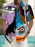 Abstract Face Print Short Sleeve Men's Shirts With Pocket