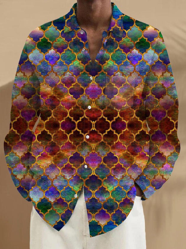 Men long sleeve geometric pattern shirt front view