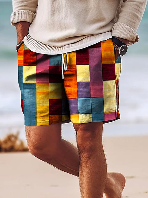 Men's retro Hawaiian print casual shorts front view for tropical beach vacation