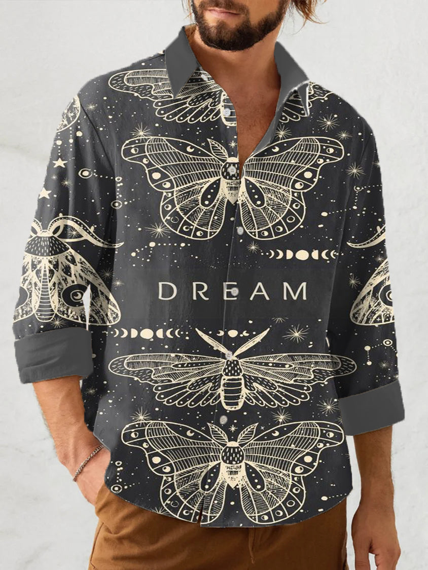 Line Drawing Starry Sky Butterfly Print Men's Long-Sleeved Lapel Shirt