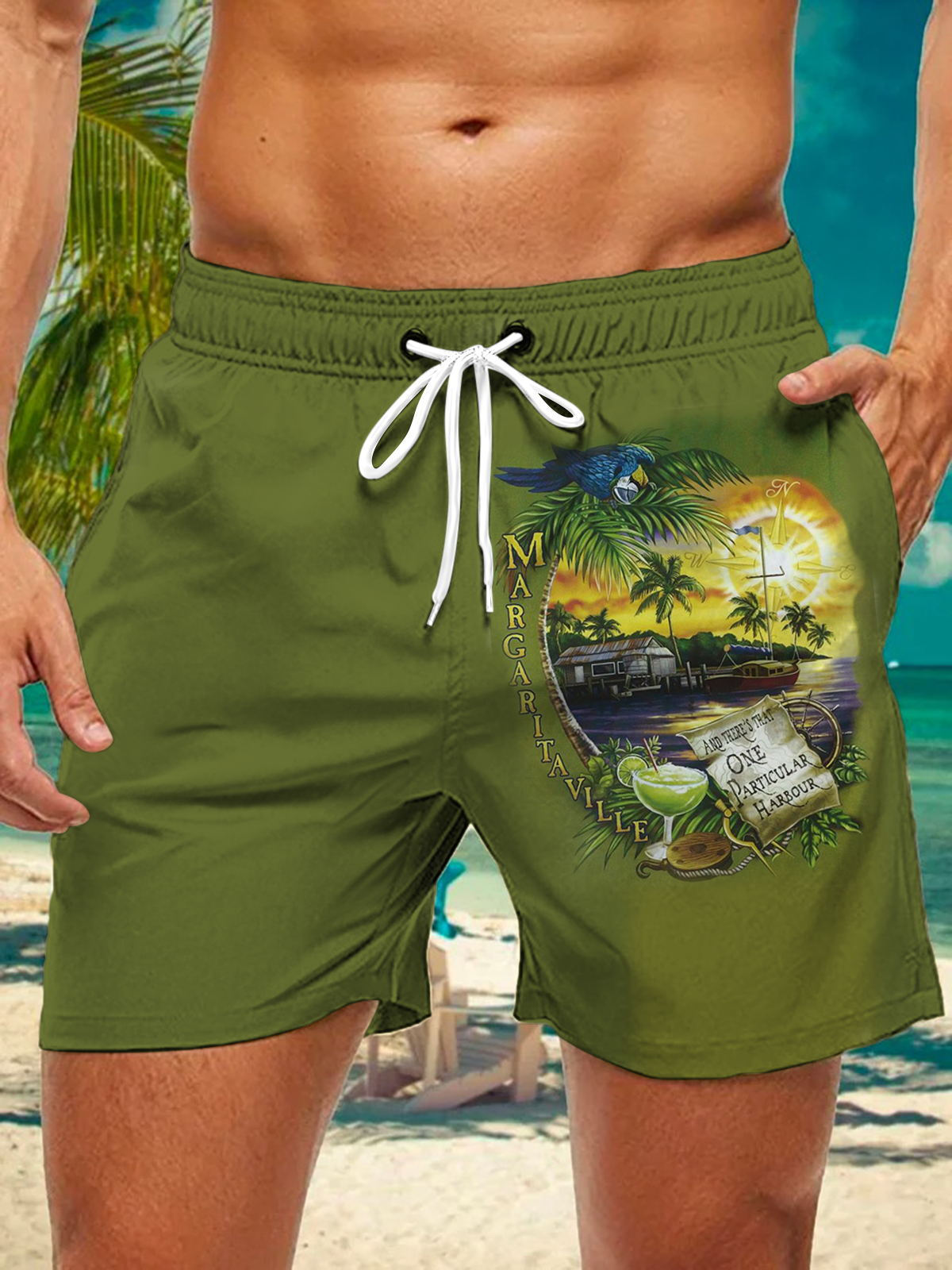 Hawaiian Plant Parrot Print Men's Shorts With Pocket