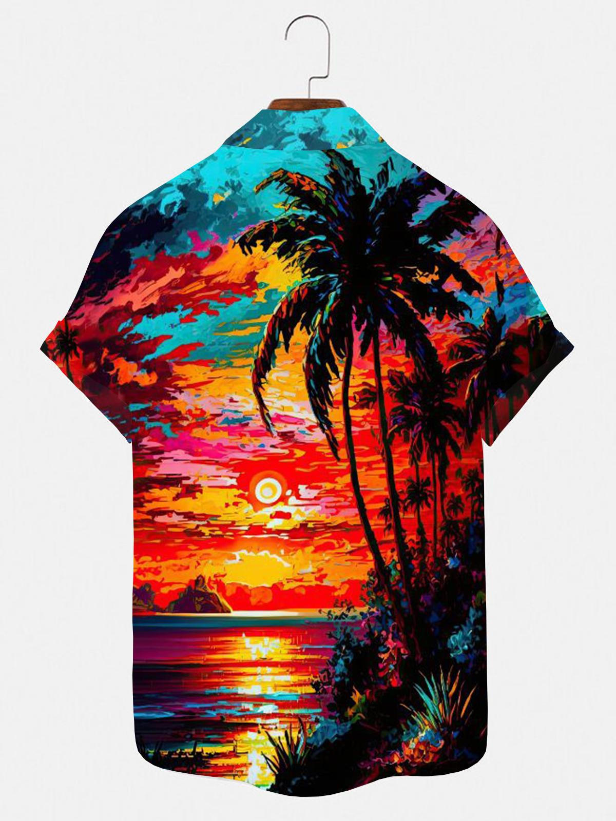 Hawaiian Sunset Coconut Palm Men's Shirts With Pocket