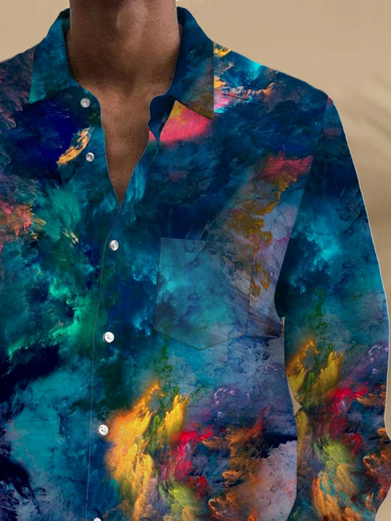 Abstract Print Long Sleeve Men's Shirts With Pocket