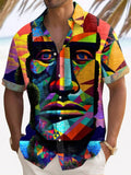 Abstract Face Print Short Sleeve Men's Shirts With Pocket